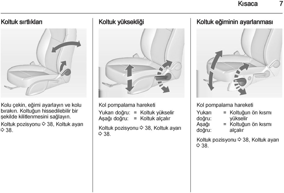 Kol pompalama hareketi Yukarı doğru: = Koltuk yükselir Aşağı doğru: = Koltuk alçalır Koltuk pozisyonu 3 38, Koltuk ayarı 3