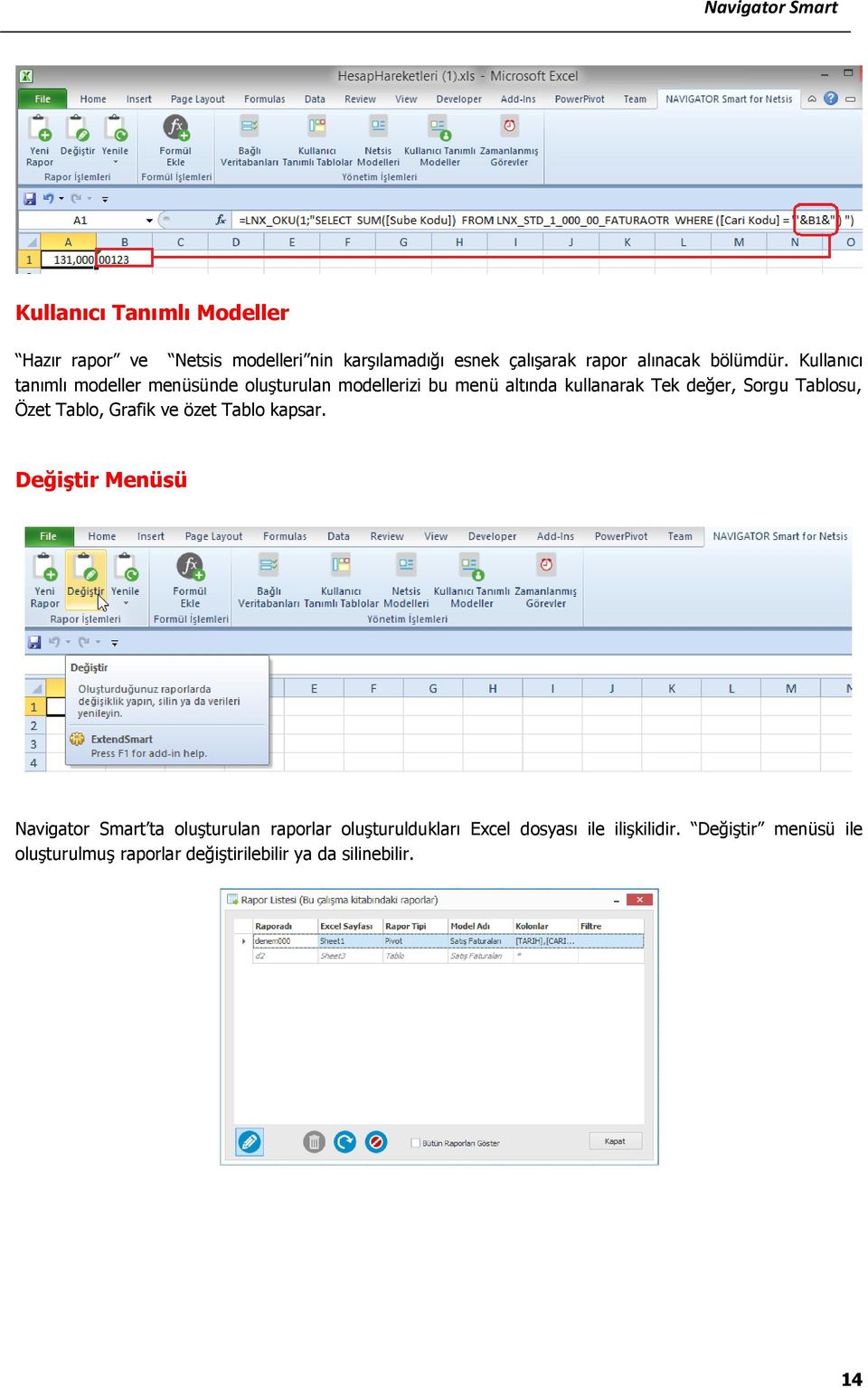 Kullanıcı tanımlı modeller menüsünde oluşturulan modellerizi bu menü altında kullanarak Tek değer, Sorgu Tablosu,