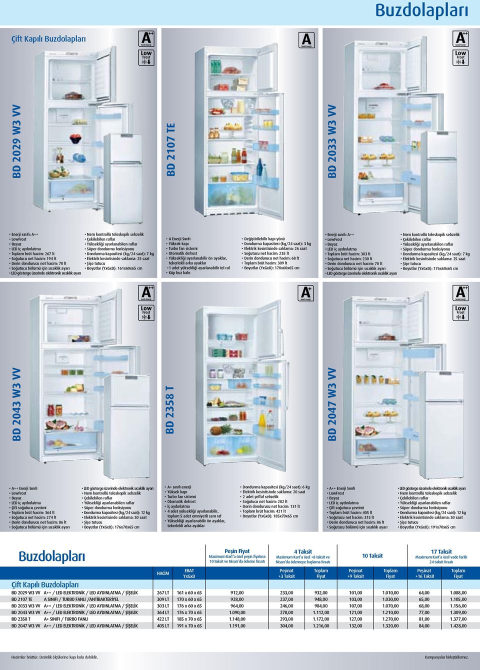 Dondurma kapasitesi (kg/24 saat): 7 kg Elektrik kesintisinde saklama: 25 saat Şişe tutucu Boyutlar (YxGxD): 161x60x65 cm BD 2107 TE A Enerji Sınıfı Yüksek kapı Turbo fan sistemi Otomatik defrost 1