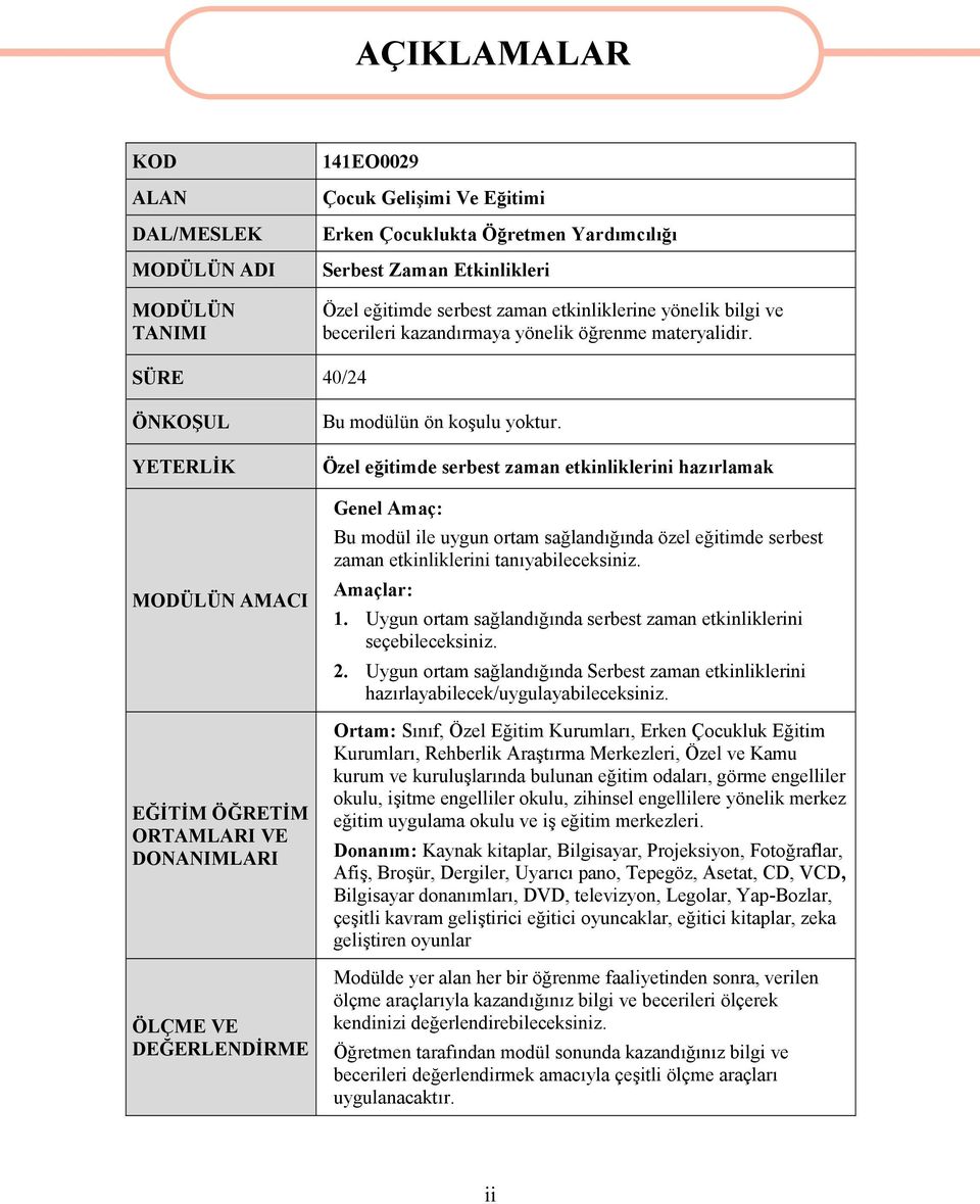 SÜRE 40/24 ÖNKOŞUL YETERLİK MODÜLÜN AMACI EĞİTİM ÖĞRETİM ORTAMLARI VE DONANIMLARI ÖLÇME VE DEĞERLENDİRME Bu modülün ön koşulu yoktur.