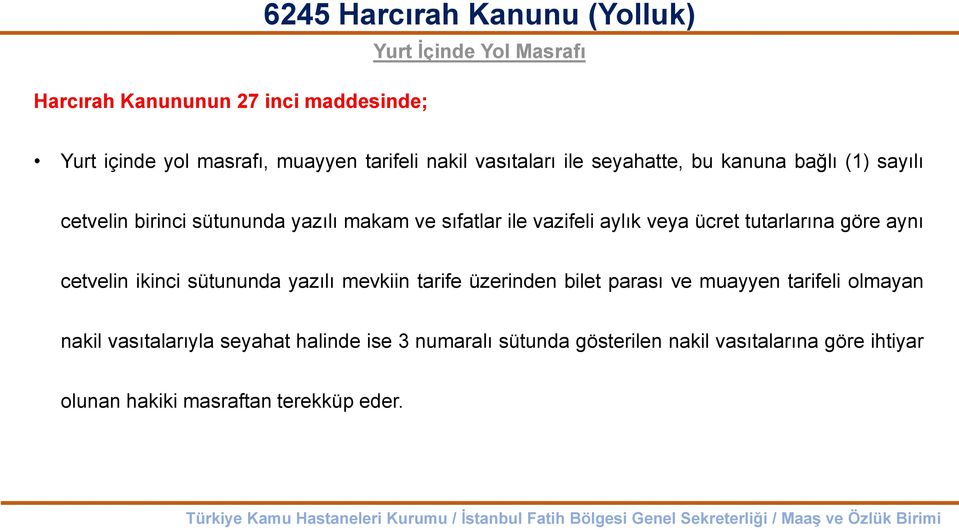 ücret tutarlarına göre aynı cetvelin ikinci sütununda yazılı mevkiin tarife üzerinden bilet parası ve muayyen tarifeli olmayan nakil