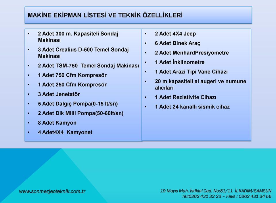 Adet 250 Cfm Kompresör 3 Adet Jenetatör 5 Adet Dalgıç Pompa(0-15 lt/sn) 2 Adet Dik Milli Pompa(50-60lt/sn) 8 Adet Kamyon 4 Adet4X4