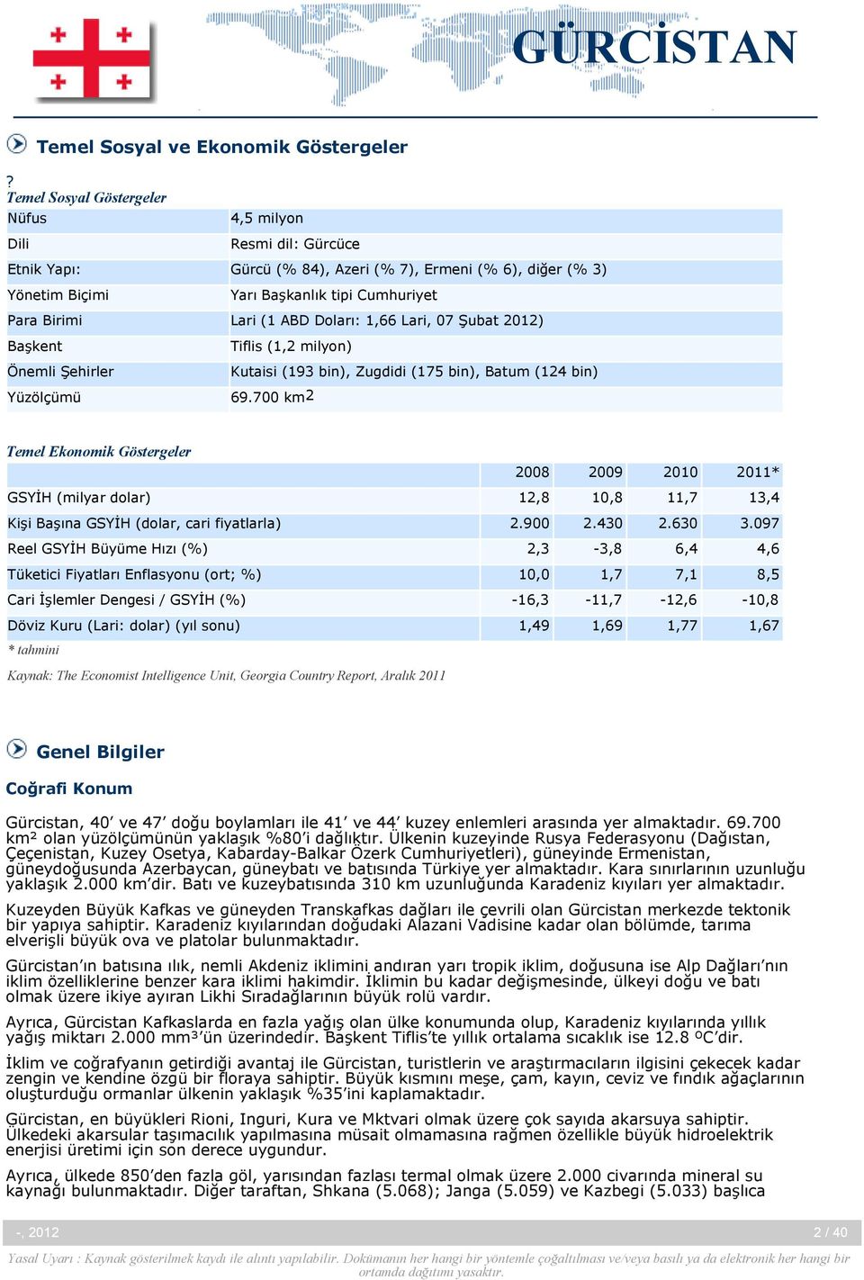 ABD Doları: 1,66 Lari, 07 Şubat 2012) Başkent Tiflis (1,2 milyon) Önemli Şehirler Kutaisi (193 bin), Zugdidi (175 bin), Batum (124 bin) Yüzölçümü 69.