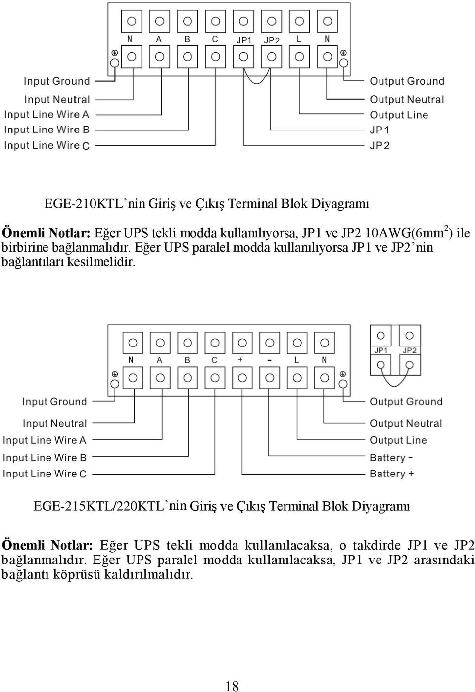 EGE-215KTL/220KTL nin Giriş ve Çıkış Terminal Blok Diyagramı Önemli Notlar: Eğer UPS tekli modda kullanılacaksa, o