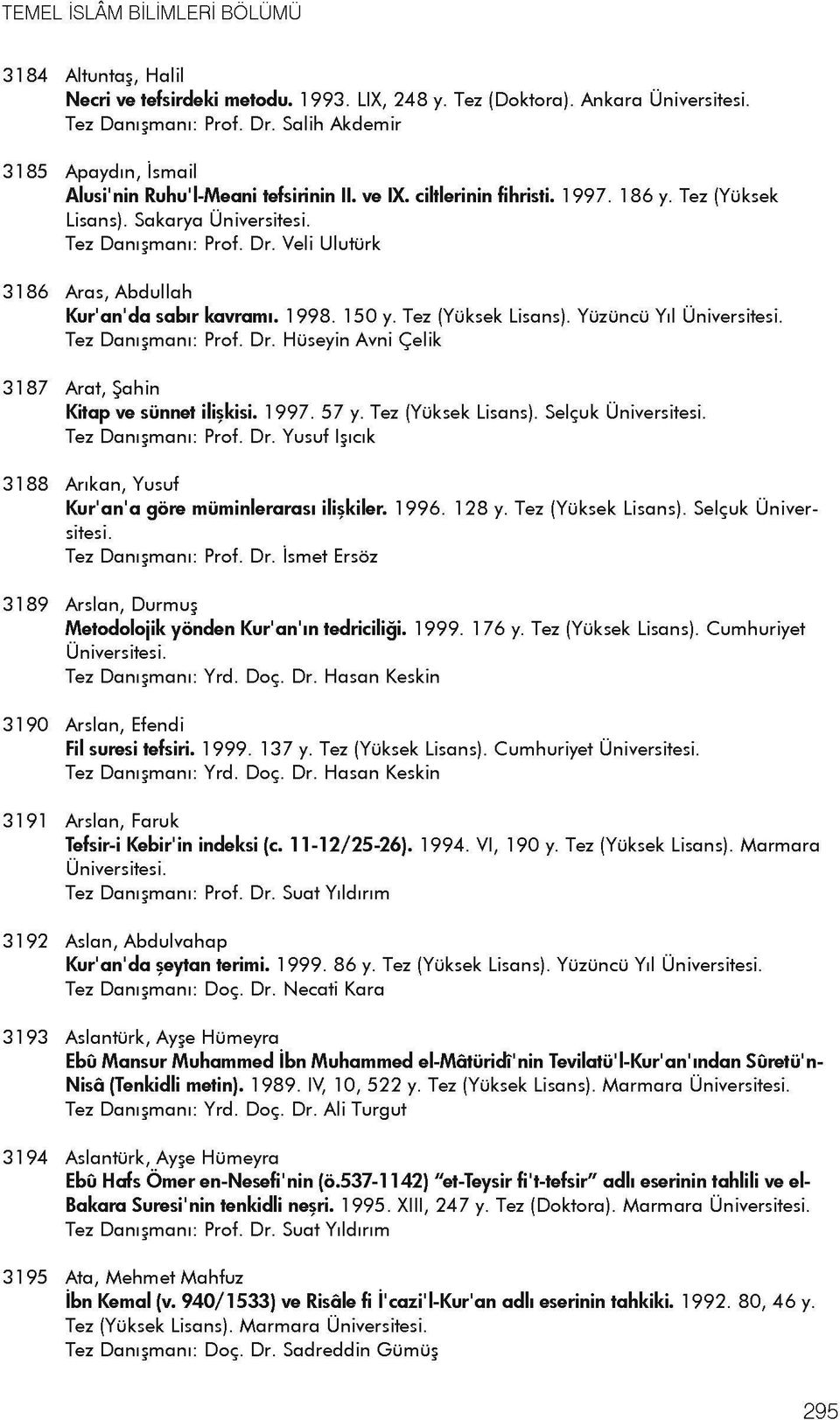 Veli Uluturk 3186 Aras, Abdullah Kur'an'da sabir kavrami. 1 998. 150 y. Tez (Yuksek Lisans). Yuzuncu Yil Tez Danijmani: Prof. Dr. Huseyin Avni (Jelik 3187 Arat, Sahin Kitap ve siinnet iliskisi. 1 997.