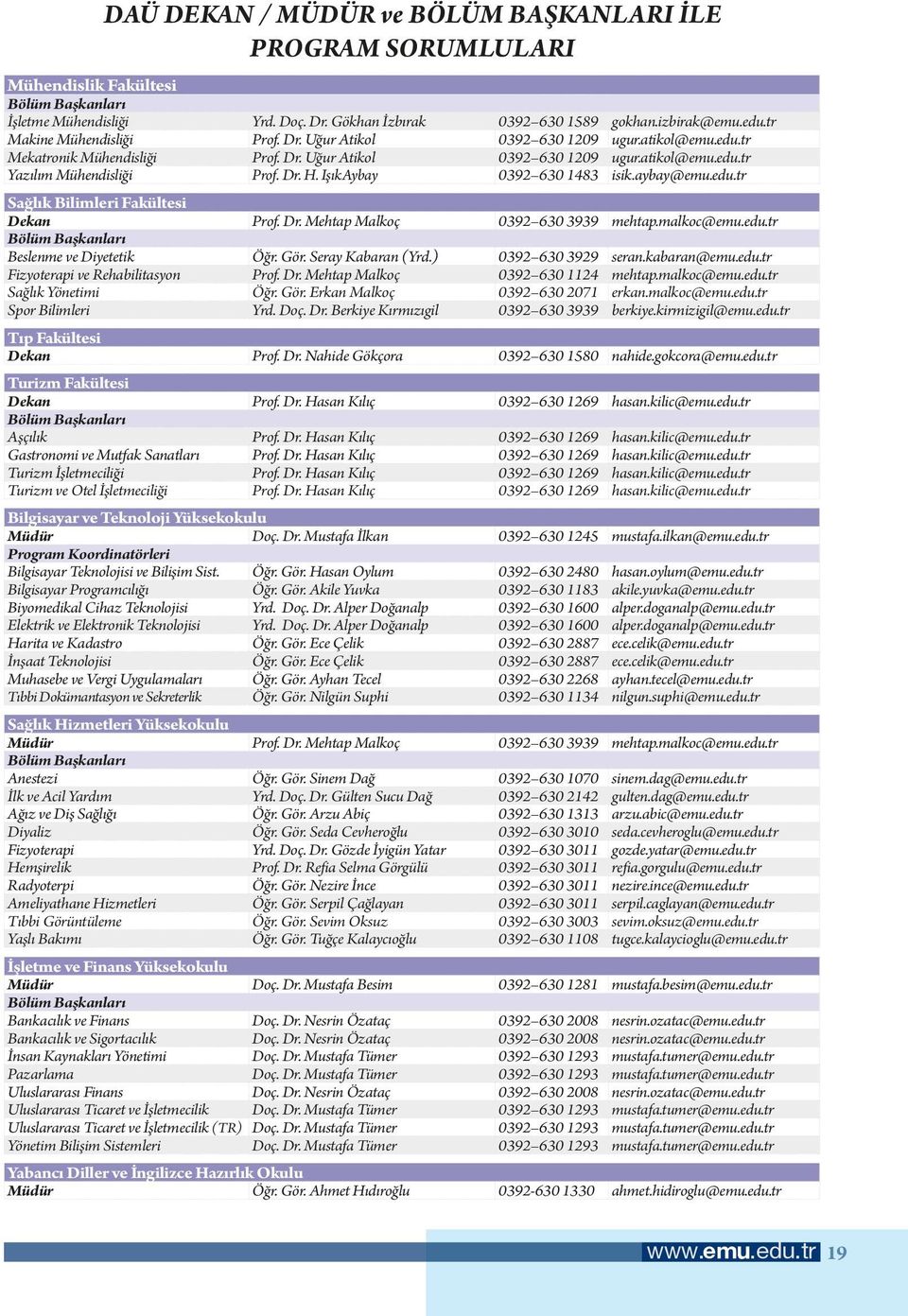 IşıkAybay 0392 630 1483 isik.aybay@emu.edu.tr Sağlık Bilimleri Fakültesi Dekan Prof. Dr. Mehtap Malkoç 0392 630 3939 mehtap.malkoc@emu.edu.tr Bölüm Başkanları Beslenme ve Diyetetik Öğr. Gör.