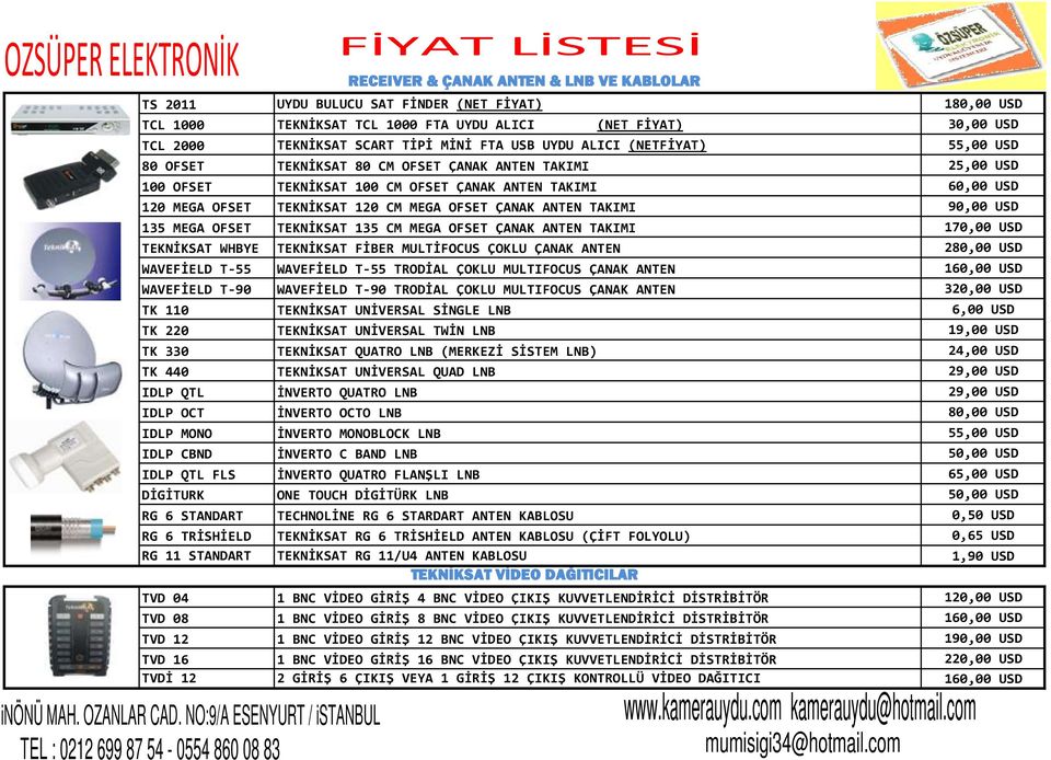 OFSET ÇANAK ANTEN TAKIMI 90,00 USD 135 MEGA OFSET TEKNİKSAT 135 CM MEGA OFSET ÇANAK ANTEN TAKIMI 170,00 USD TEKNİKSAT WHBYE TEKNİKSAT FİBER MULTİFOCUS ÇOKLU ÇANAK ANTEN 280,00 USD WAVEFİELD T-55