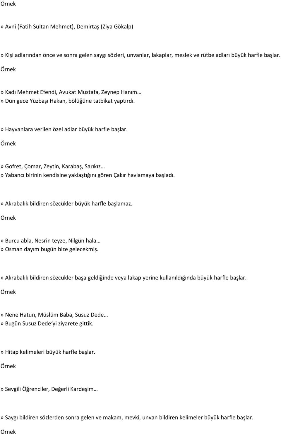 » Gofret, Çomar, Zeytin, Karabaş, Sarıkız» Yabancı birinin kendisine yaklaştığını gören Çakır havlamaya başladı.» Akrabalık bildiren sözcükler büyük harfle başlamaz.