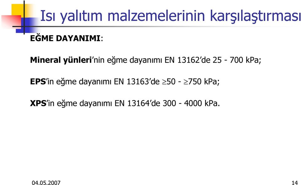 dayanımı EN 13163 de 50-750 kpa; XPS in eğme