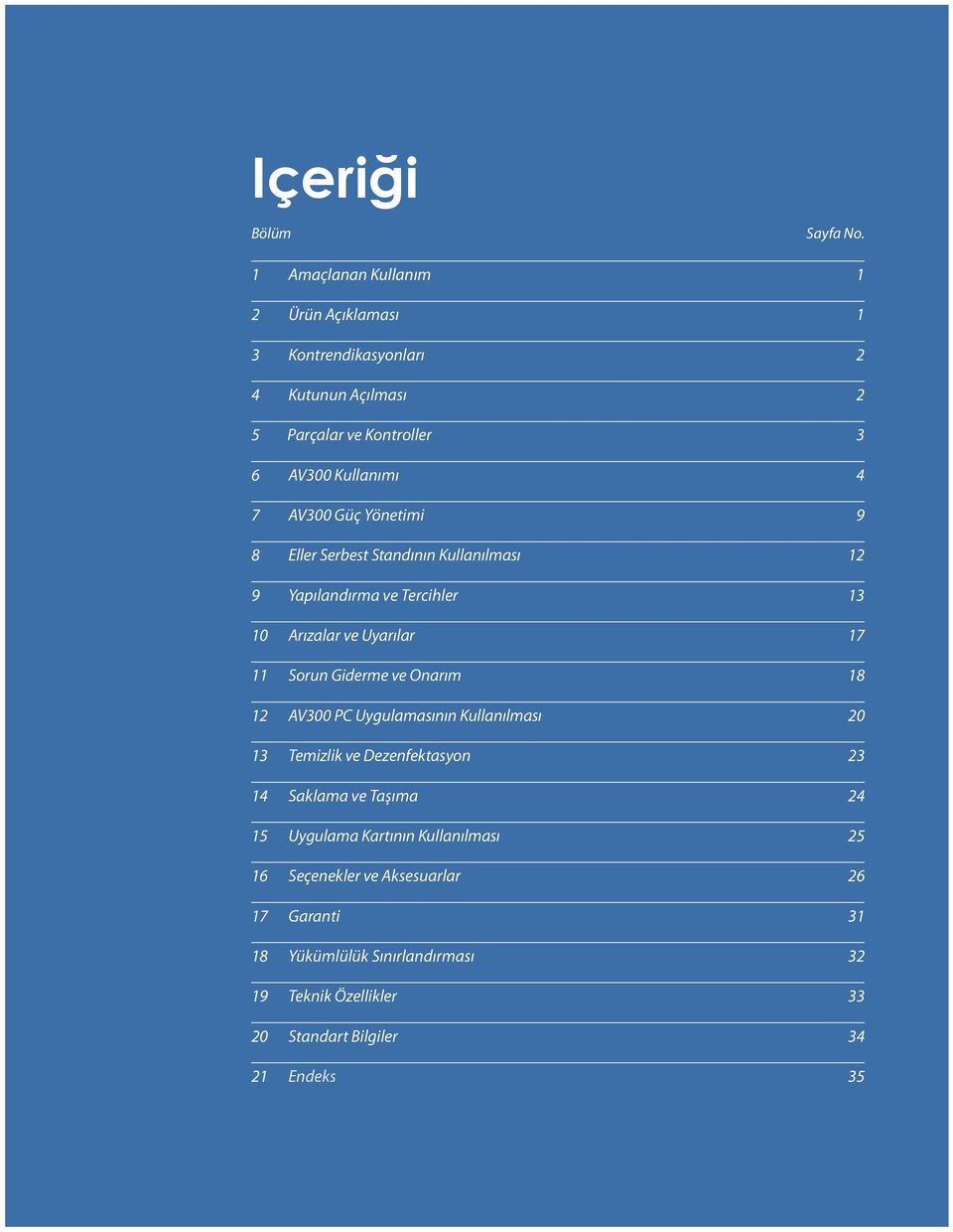 Yönetimi 9 8 Eller Serbest Standının Kullanılması 12 9 Yapılandırma ve Tercihler 13 10 Arızalar ve Uyarılar 17 11 Sorun Giderme ve Onarım 18 12 AV300 PC