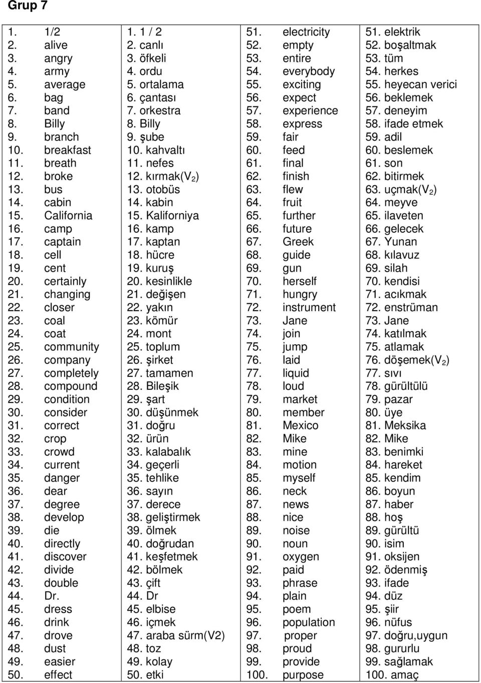 degree 38. develop 39. die 40. directly 41. discover 42. divide 43. double 44. Dr. 45. dress 46. drink 47. drove 48. dust 49. easier 50. effect 1. 1 / 2 2. canlı 3. öfkeli 4. ordu 5. ortalama 6.