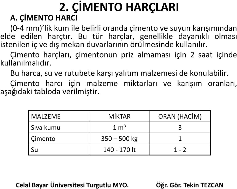 Çimento harçları, çimentonun priz almaması için 2 saat içinde kullanılmalıdır.