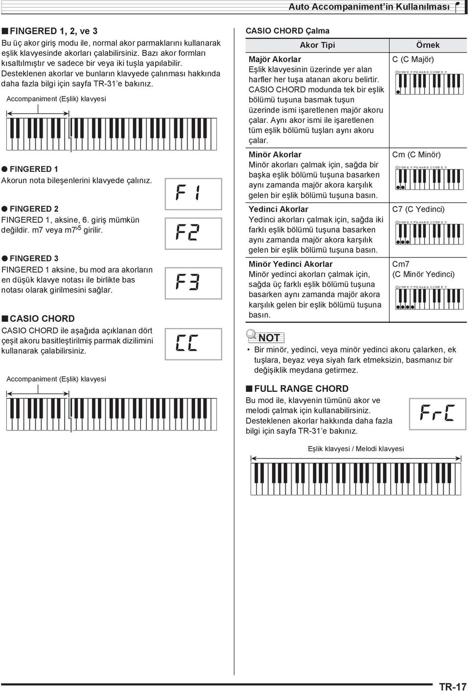 Accompaniment (Eşlik) klavyesi FINGERED 1 Akorun nota bileşenlerini klavyede çal n z. FINGERED 2 FINGERED 1, aksine, 6. giriş mümkün değildir. m7 veya m7 b 5 girilir.