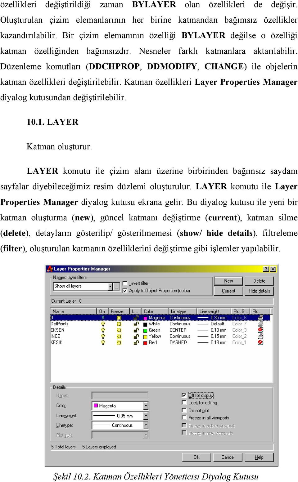 Düzenleme komutları (DDCHPROP, DDMODIFY, CHANGE) ile objelerin katman özellikleri değiştirilebilir. Katman özellikleri Layer Properties Manager diyalog kutusundan değiştirilebilir. 10