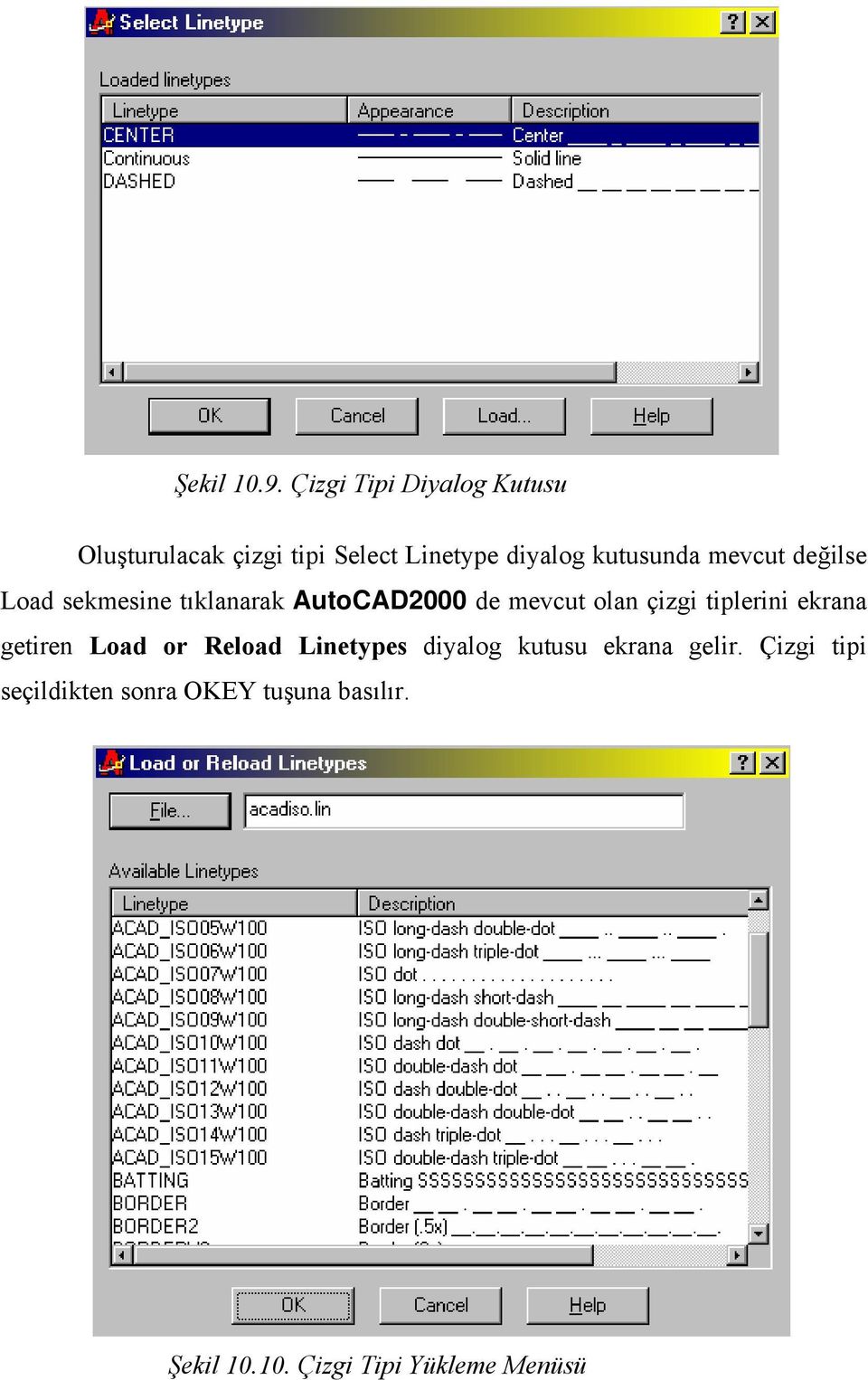 mevcut değilse Load sekmesine tıklanarak AutoCAD2000 de mevcut olan çizgi tiplerini