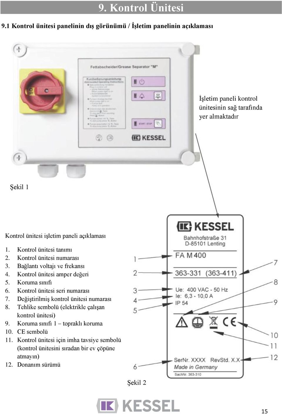 işletim paneli açıklaması 1. Kontrol ünitesi tanımı 2. Kontrol ünitesi numarası 3. Bağlantı voltajı ve frekansı 4. Kontrol ünitesi amper değeri 5.