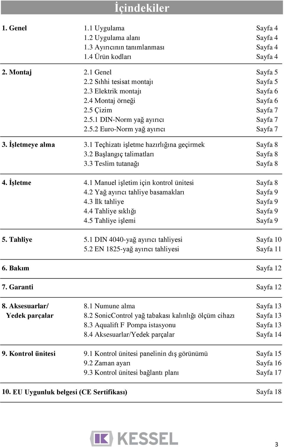 1 Teçhizatı işletme hazırlığına geçirmek Sayfa 8 3.2 Başlangıç talimatları Sayfa 8 3.3 Teslim tutanağı Sayfa 8 4. İşletme 4.1 Manuel işletim için kontrol ünitesi Sayfa 8 4.