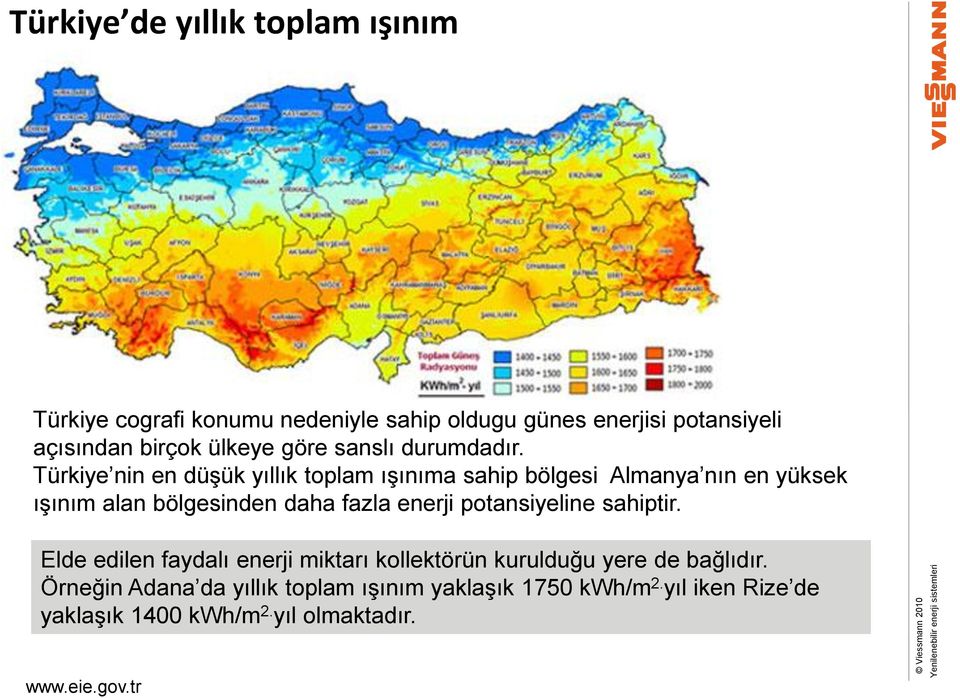 Türkiye nin en düşük yıllık toplam ışınıma sahip bölgesi Almanya nın en yüksek ışınım alan bölgesinden daha fazla enerji