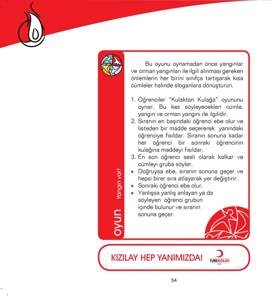 Sıranın en başındaki öğrenci ebe olur ve listeden bir madde seçererek yanındaki öğrenciye fısıldar. Sıranın sonuna kadar her öğrenci bir sonraki öğrencinin kulağına maddeyi fısıldar. 3.