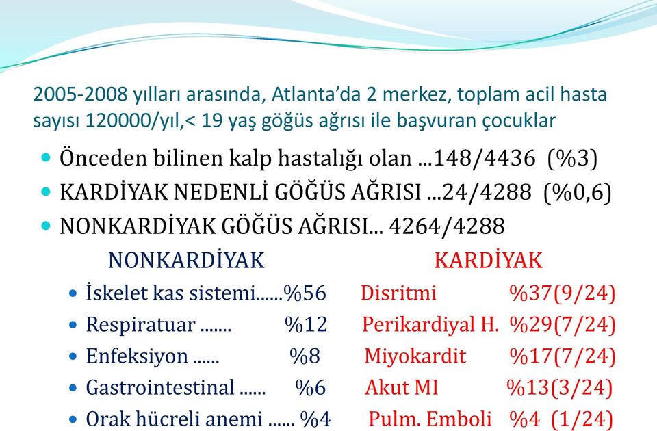 ..24/4288 (%0,6) NONKARDİYAK GÖĞÜS AĞRISI... 4264/4288 NONKARDİYAK KARDİYAK İskelet kas sistemi.