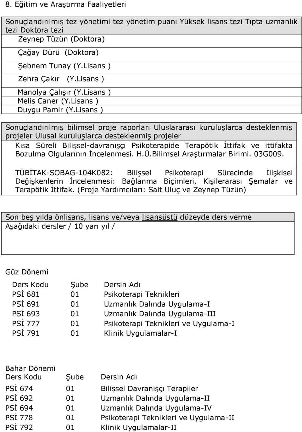 Lisans ) Sonuçlandırılmış bilimsel proje raporları Uluslararası kuruluşlarca desteklenmiş projeler Ulusal kuruluşlarca desteklenmiş projeler Kısa Süreli Bilişsel-davranışçı Psikoterapide Terapötik