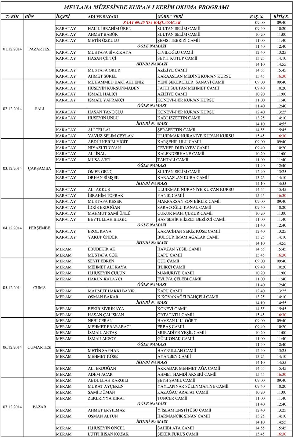 2014 PAZARTESI KARATAY MUSTAFA SİVRİKAYA CIVILOĞLU CAMİİ 12:40 13:25 KARATAY HASAN ÇİFTÇİ SEYİT KUTUP CAMİİ 13:25 14:10 KARATAY MUSTAFA OKUR AZİZİYE CAMİİ 14:55 15:45 KARATAY AHMET SÜREL KARAASLAN