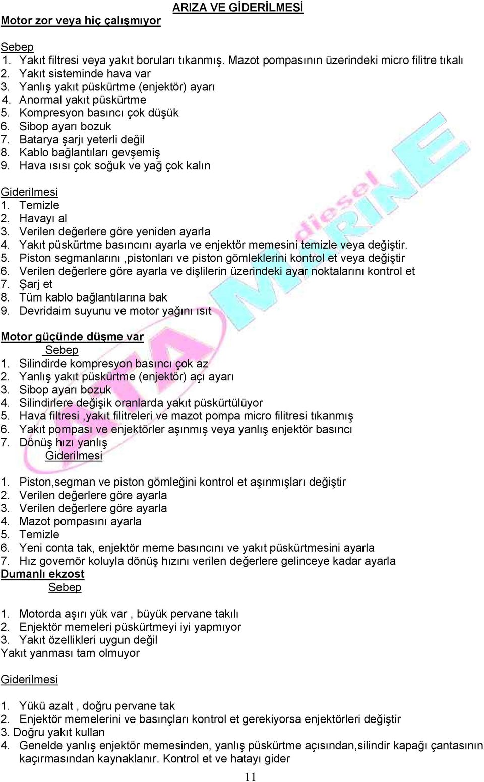 Hava ısısı çok soğuk ve yağ çok kalın Giderilmesi 1. Temizle 2. Havayı al 3. Verilen değerlere göre yeniden ayarla 4. Yakıt püskürtme basıncını ayarla ve enjektör memesini temizle veya değiştir. 5.