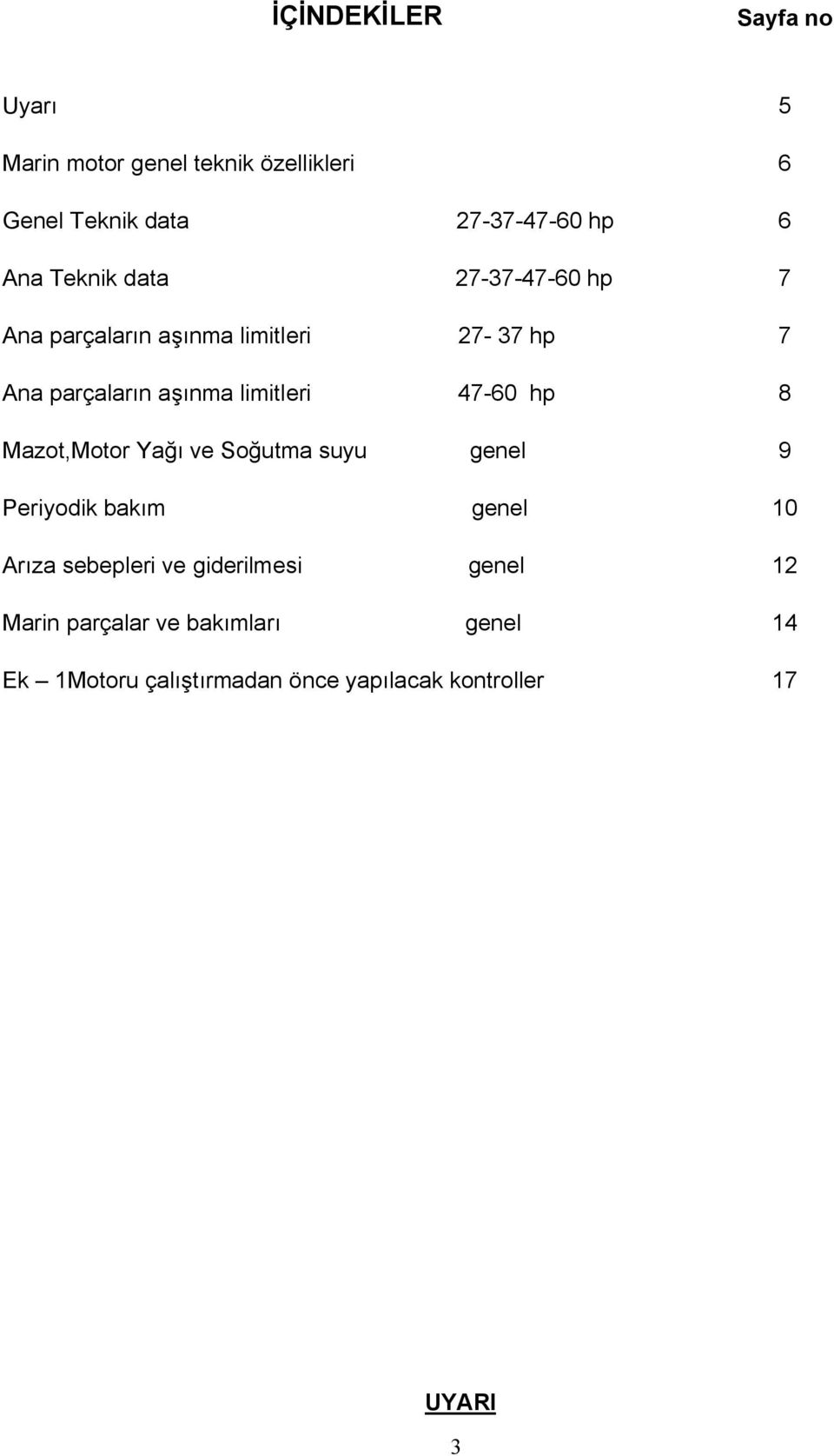 47-60 hp 8 Mazot,Motor Yağı ve Soğutma suyu genel 9 Periyodik bakım genel 10 Arıza sebepleri ve