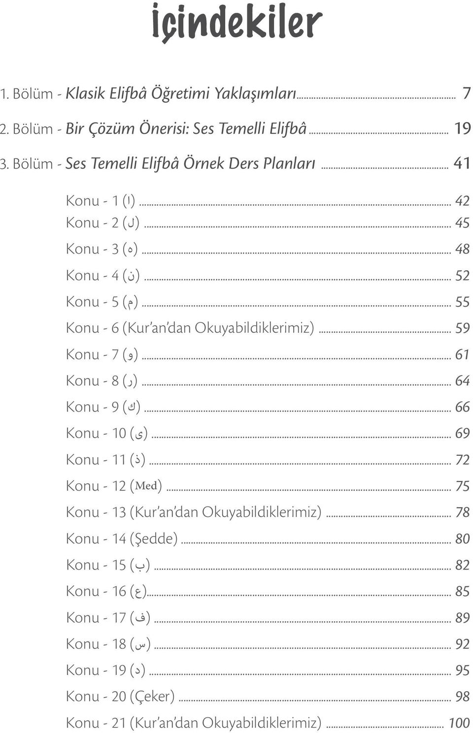 .. 64 (ر) - 8 Konu... 66 (ك) - 9 Konu... 69 (ى) - 10 Konu... 72 (ذ) - 11 Konu Konu - 12 (Med)... 75 Konu - 13 (Kur an dan Okuyabildiklerimiz)... 78 Konu - 14 (Şedde)... 80.