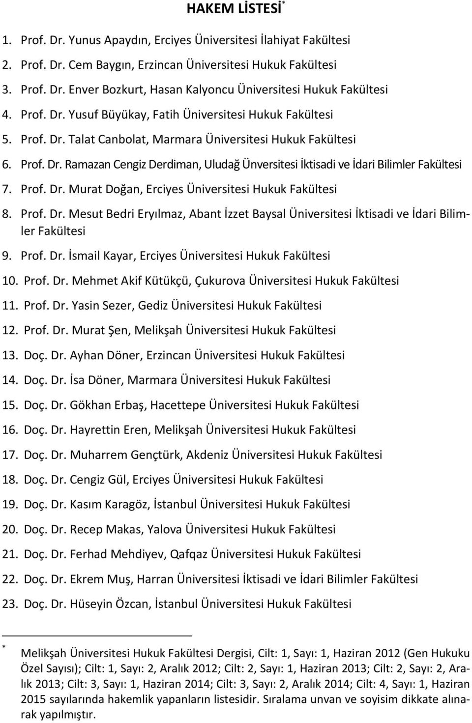 Prof. Dr. Murat Doğan, Erciyes Üniversitesi Hukuk Fakültesi 8. Prof. Dr. Mesut Bedri Eryılmaz, Abant İzzet Baysal Üniversitesi İktisadi ve İdari Bilimler Fakültesi 9. Prof. Dr. İsmail Kayar, Erciyes Üniversitesi Hukuk Fakültesi 10.