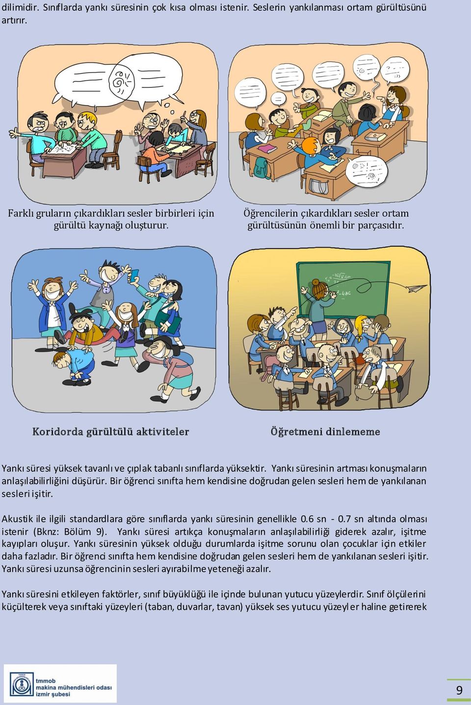 Yankı süresinin artması konuşmaların anlaşılabilirliğini düşürür. Bir öğrenci sınıfta hem kendisine doğrudan gelen sesleri hem de yankılanan sesleri işitir.