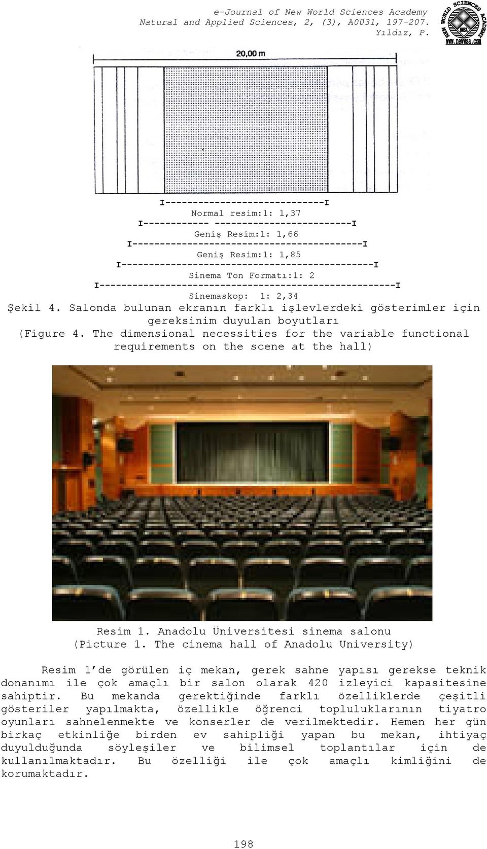 Salonda bulunan ekranın farklı işlevlerdeki gösterimler için gereksinim duyulan boyutları (Figure 4.