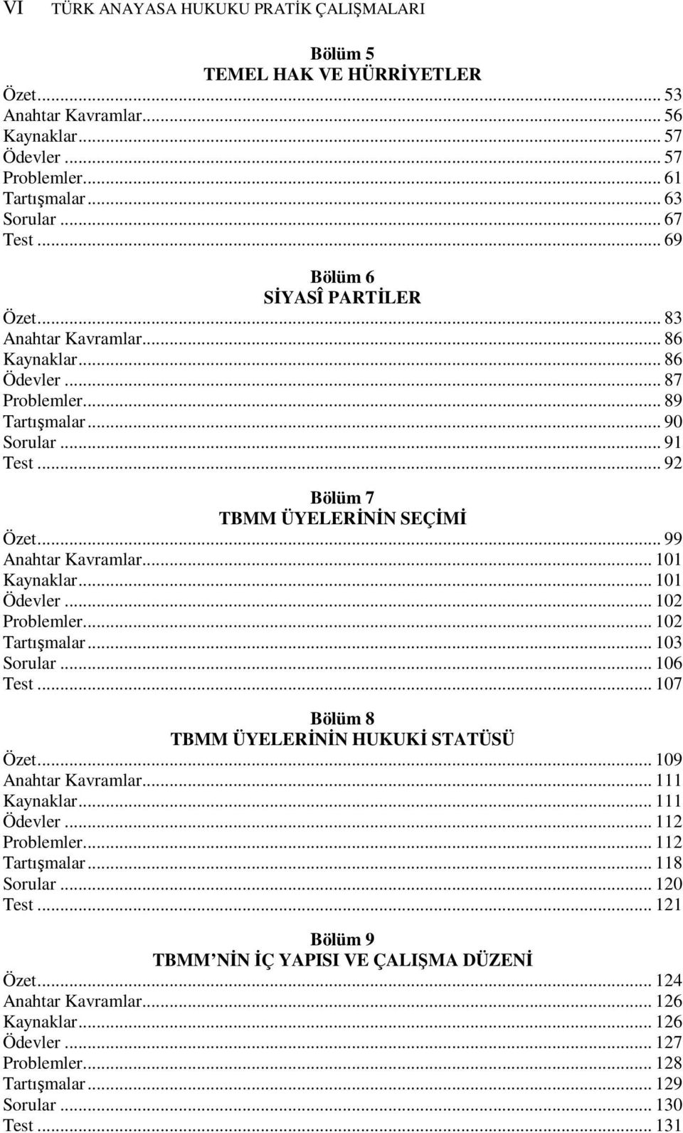 .. 99 Anahtar Kavramlar... 101 Kaynaklar... 101 Ödevler... 102 Problemler... 102 Tartışmalar... 103 Sorular... 106 Test... 107 Bölüm 8 TBMM ÜYELERĐNĐN HUKUKĐ STATÜSÜ Özet... 109 Anahtar Kavramlar.