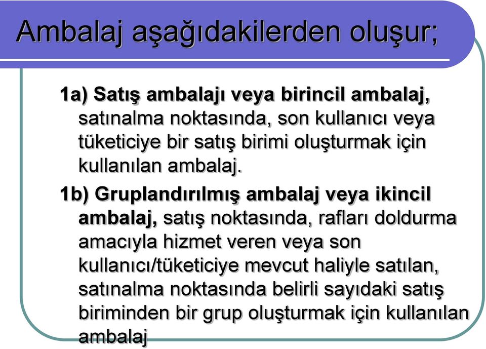 1b) Gruplandırılmış ambalaj veya ikincil ambalaj, satış noktasında, rafları doldurma amacıyla hizmet veren