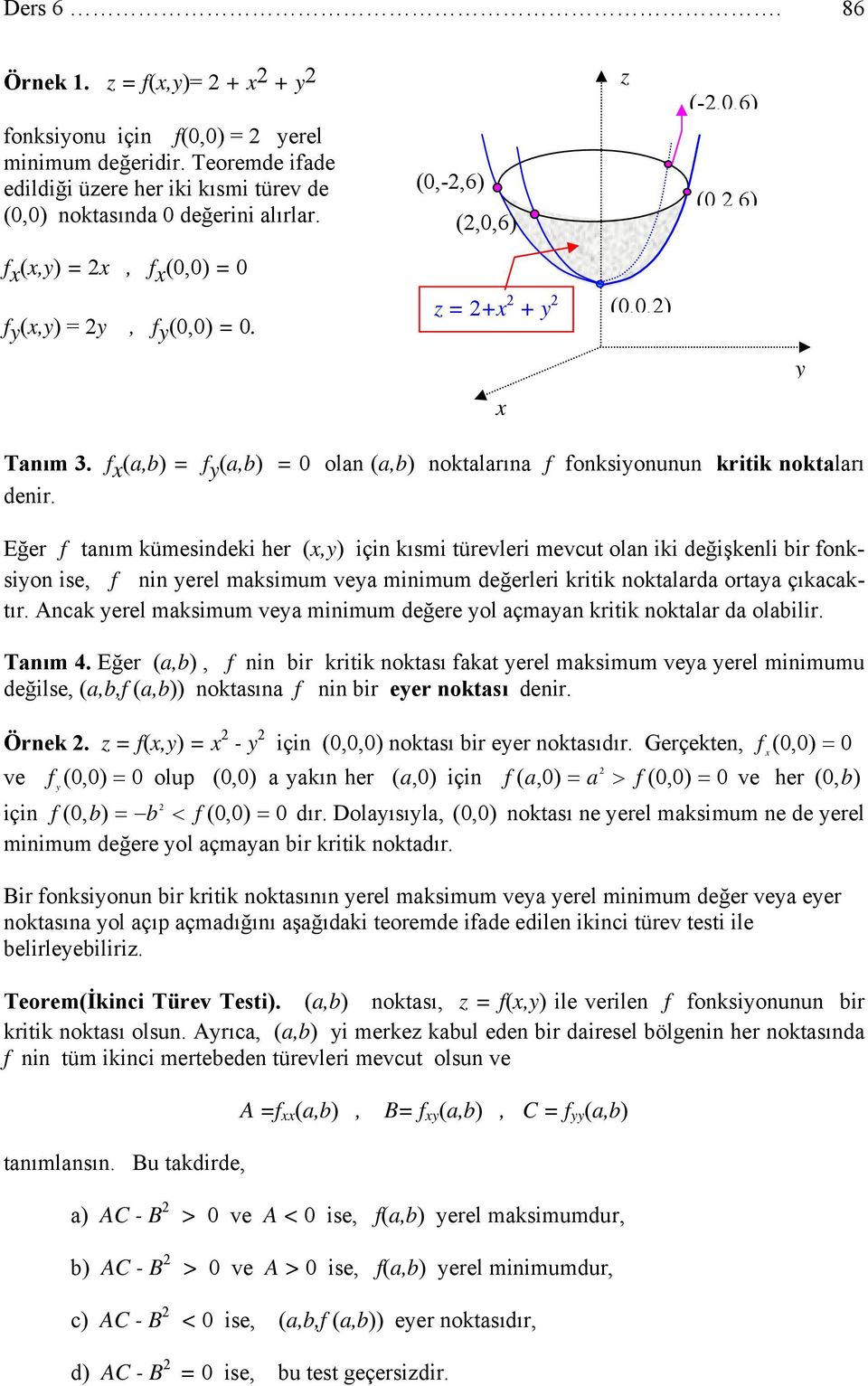 Eğer tanım kümesindeki her için kısmi türevleri mevcut olan iki değişkenli bir onksion ise nin erel maksimum vea minimum değerleri kritik noktalarda ortaa çıkacaktır.