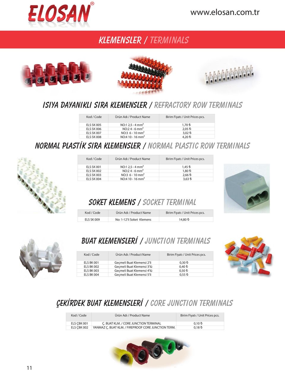 ELS SK 002 NO:2 4-6 mm2 1,80 ELS SK 003 NO:3 6-10 mm2 2,66 ELS SK 004 NO:4 10-16 mm2 3,63 soket klemens / socket termınal Kod / Code Ürün Adı / Product Name Birim Fiyatı / ELS SK 009 No: 1-12'li