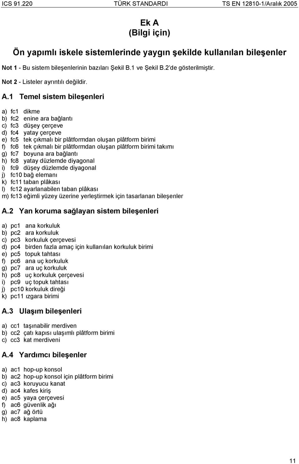 1 Temel sistem bileşenleri a) fc1 dikme b) fc2 enine ara bağlantı c) fc3 düşey çerçeve d) fc4 yatay çerçeve e) fc5 tek çıkmalı bir plâtformdan oluşan plâtform birimi f) fc6 tek çıkmalı bir