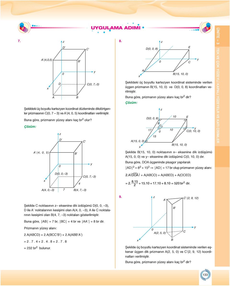 (0, 0, ) 0 (5, 0, 0) Şekildeki üç boutlu kteen koodint sisteminde veilen üçgen pimnın (5, 0, 0) ve (0, 0, ) koodintlı veilmişti. un göe, pimnın üe lnı kç b di?