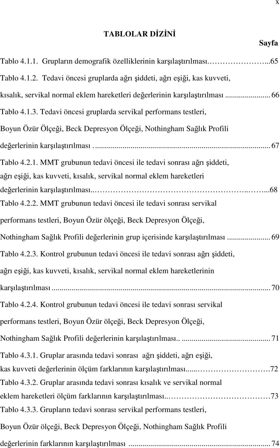 Tedavi öncesi gruplarda servikal performans testleri, Boyun Özür Ölçeği, Beck Depresyon Ölçeği, Nothingham Sağlık Profili değerlerinin karşılaştırılması... 67 Tablo 4.2.1.