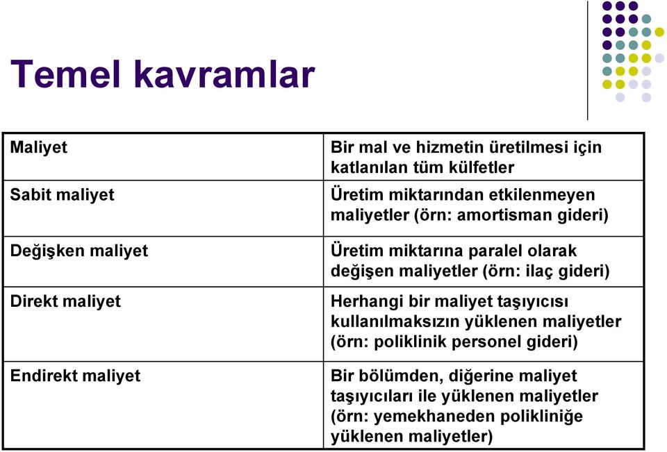 değişen maliyetler (örn: ilaç gideri) Herhangi bir maliyet taşıyıcısı kullanılmaksızın yüklenen maliyetler (örn: poliklinik