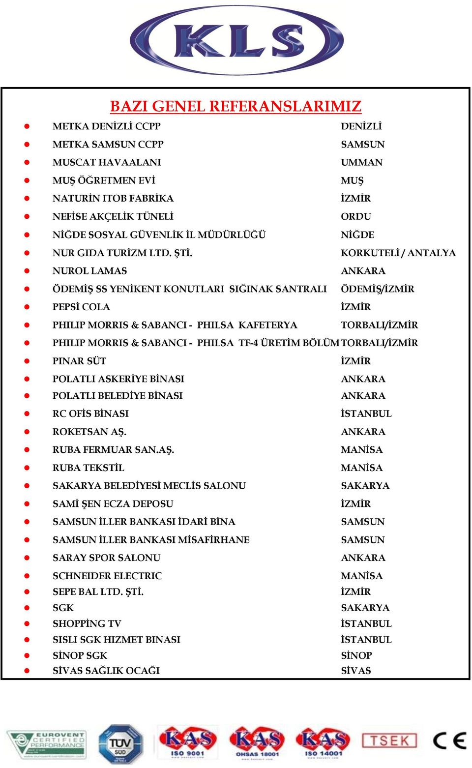 KORKUTELİ / ANTALYA NUROL LAMAS ANKARA ÖDEMİŞ SS YENİKENT KONUTLARI SIĞINAK SANTRALI ÖDEMİŞ/İZMİR PEPSİ COLA İZMİR PHILIP MORRIS & SABANCI - PHILSA KAFETERYA TORBALI/İZMİR BAZI GENEL REFERANSLARIMIZ