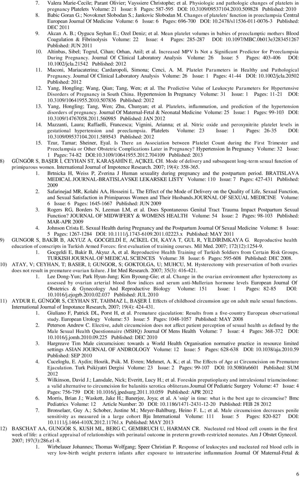 Changes of platelets' function in preeclampsia Central European Journal Of Medicine Volume: 6 Issue: 6 Pages: 696-700 DOI: 10.2478/s11536-011-0076-3 Published: DEC 2011 9. Akcan A. B.