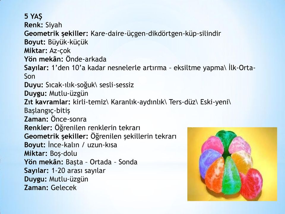 Karanlık-aydınlık\ Ters-düz\ Eski-yeni\ Başlangıç-bitiş Zaman: Önce-sonra Renkler: Öğrenilen renklerin tekrarı Geometrik şekiller: Öğrenilen