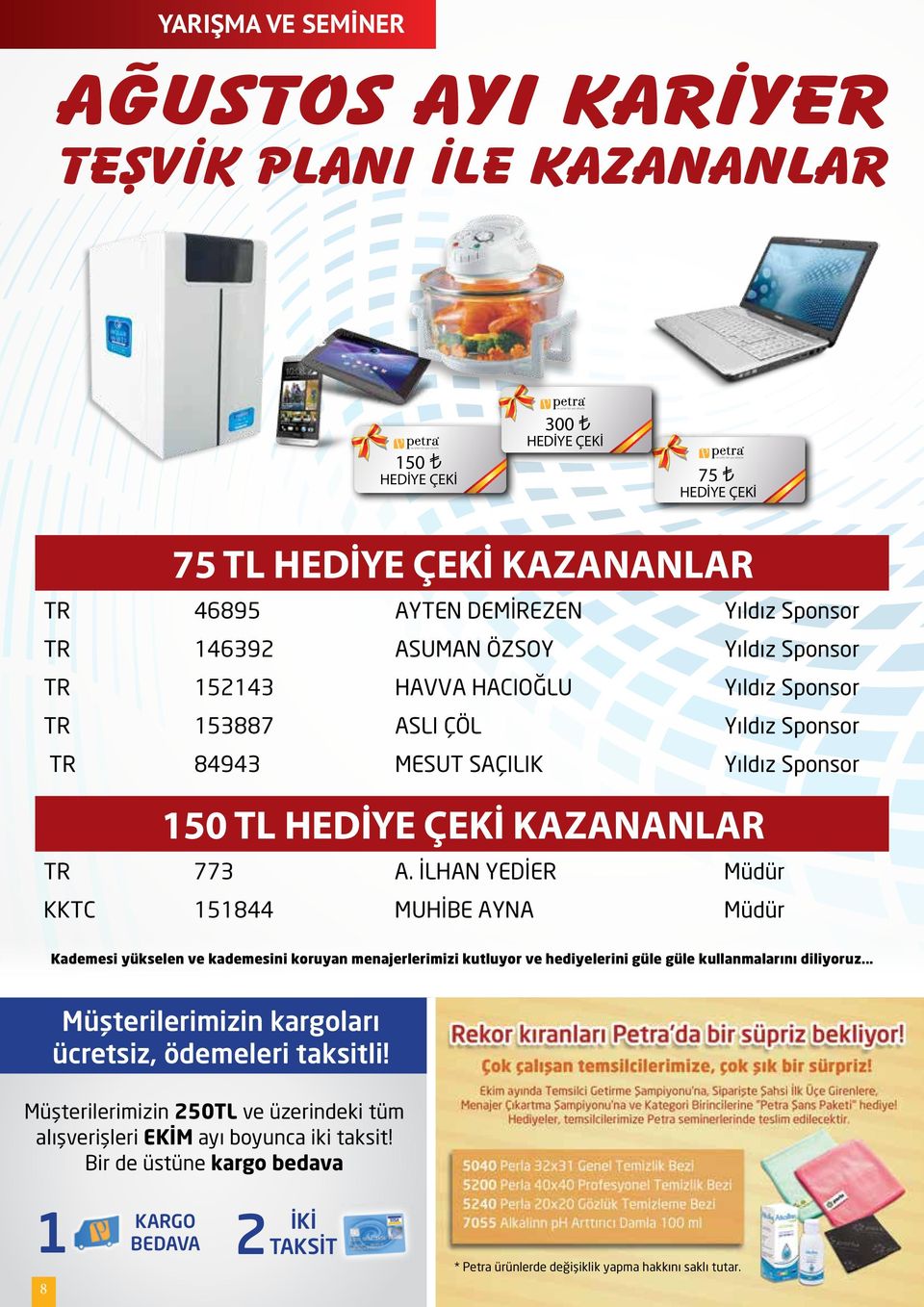 İLHAN YEDİER Müdür KKTC 151844 MUHİBE AYNA Müdür Kademesi yükselen ve kademesini koruyan menajerlerimizi kutluyor ve hediyelerini güle güle kullanmalarını diliyoruz.