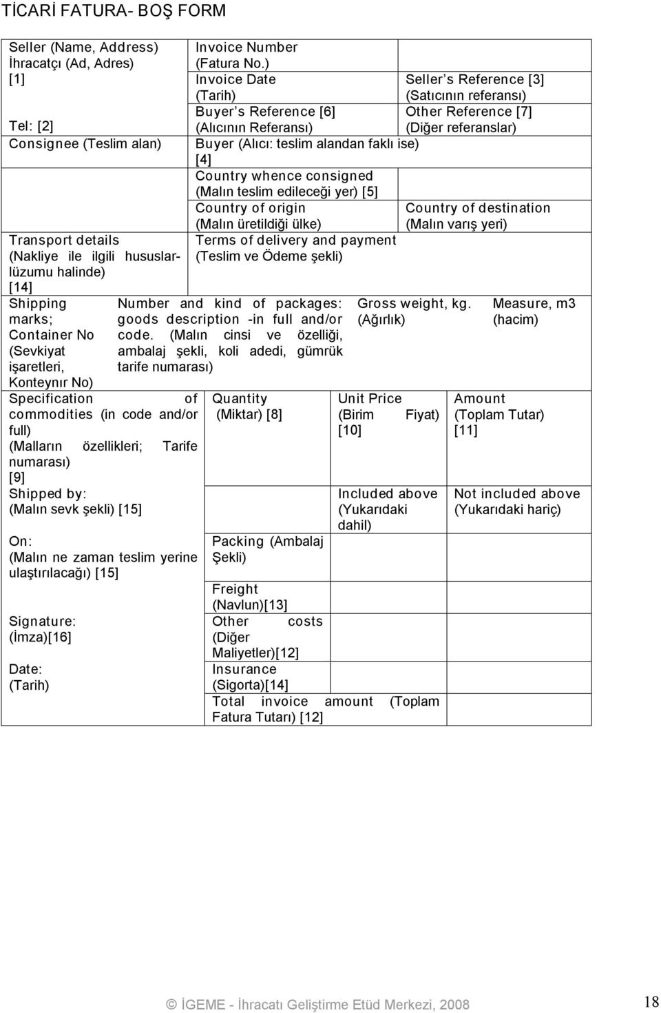yerine ulaştırılacağı) [15] Signature: (İmza)[16] Date: (Tarih) Invoice Number (Fatura No.