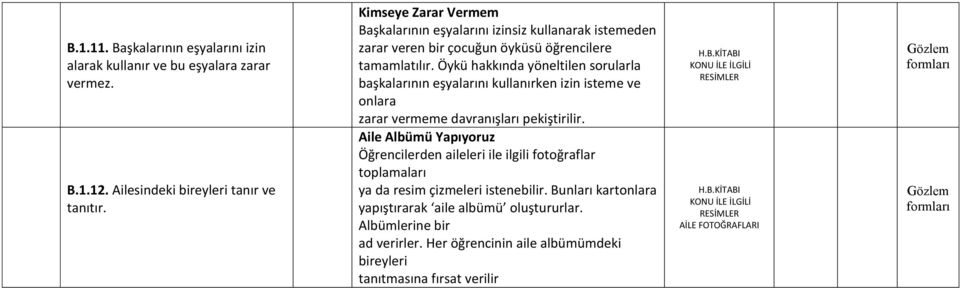 Öykü hakkında yöneltilen sorularla başkalarının eşyalarını kullanırken izin isteme ve onlara zarar vermeme davranışları pekiştirilir.