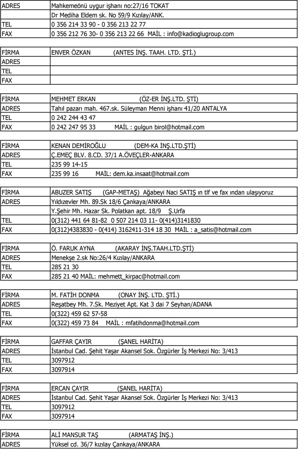 com KENAN DEMİROĞLU (DEM-KA İNŞ.LTD.ŞTİ) Ç.EMEÇ BLV. 8.CD. 37/1 A.ÖVEÇLER-ANKARA 235 99 14-15 235 99 16 MAİL: dem.ka.insaat@hotmail.