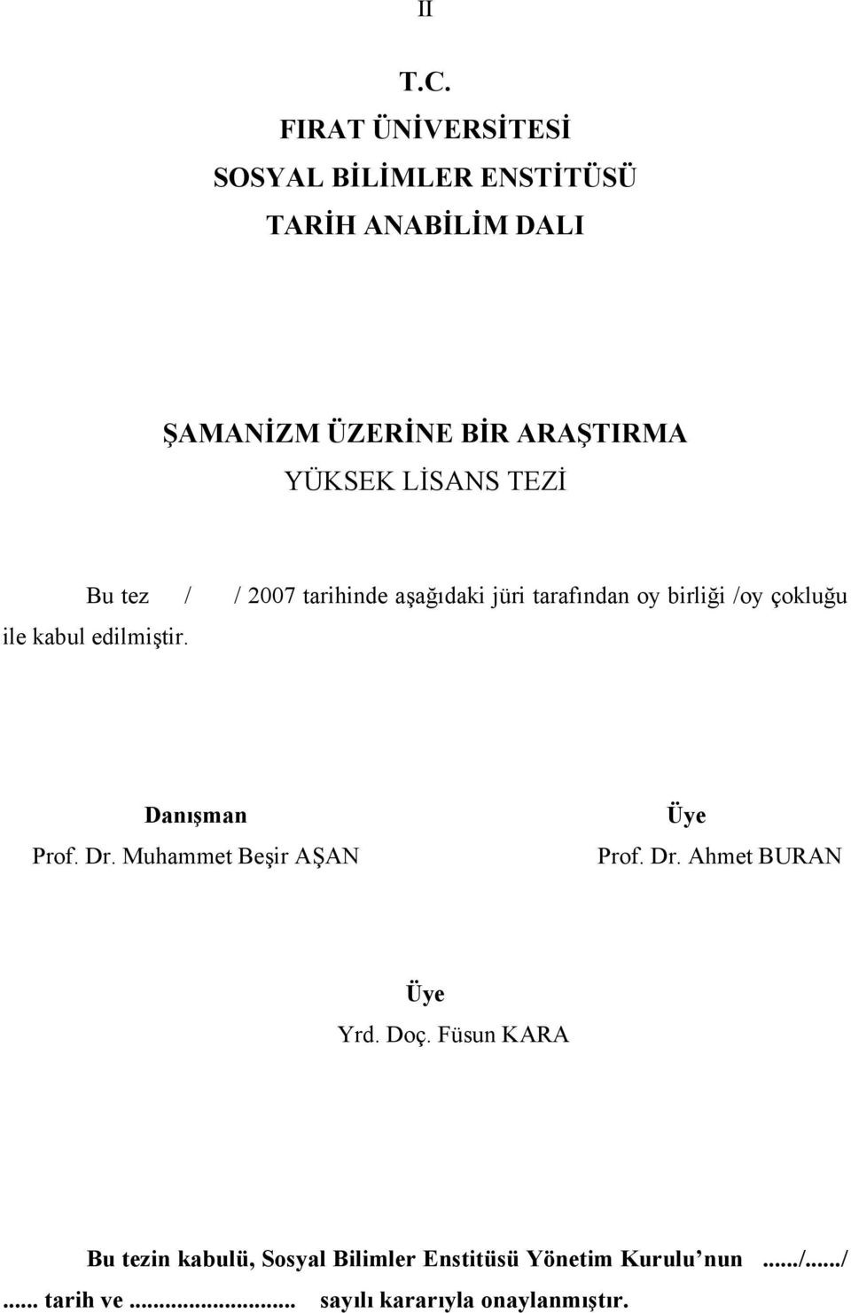 LİSANS TEZİ Bu tez / / 2007 tarihinde aşağıdaki jüri tarafından oy birliği /oy çokluğu ile kabul