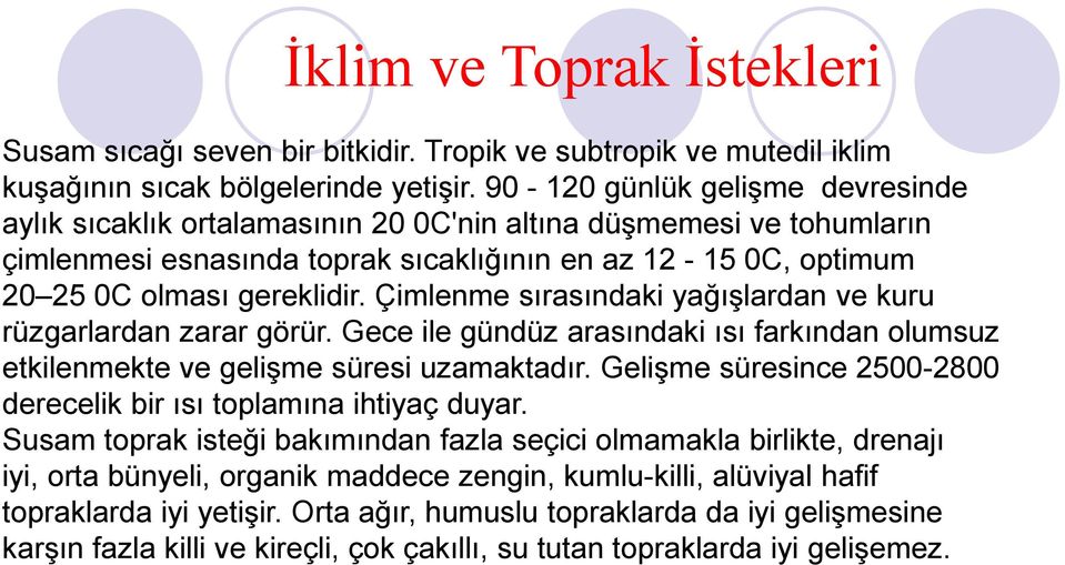 Çimlenme sırasındaki yağışlardan ve kuru rüzgarlardan zarar görür. Gece ile gündüz arasındaki ısı farkından olumsuz etkilenmekte ve gelişme süresi uzamaktadır.