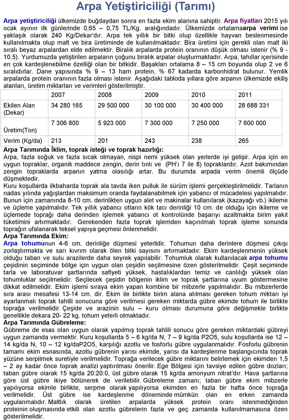 Bira üretimi için gerekli olan malt iki sıralı beyaz arpalardan elde edilmektir. Biralık arpalarda protein oranının düşük olması istenir (% 9-10.5).